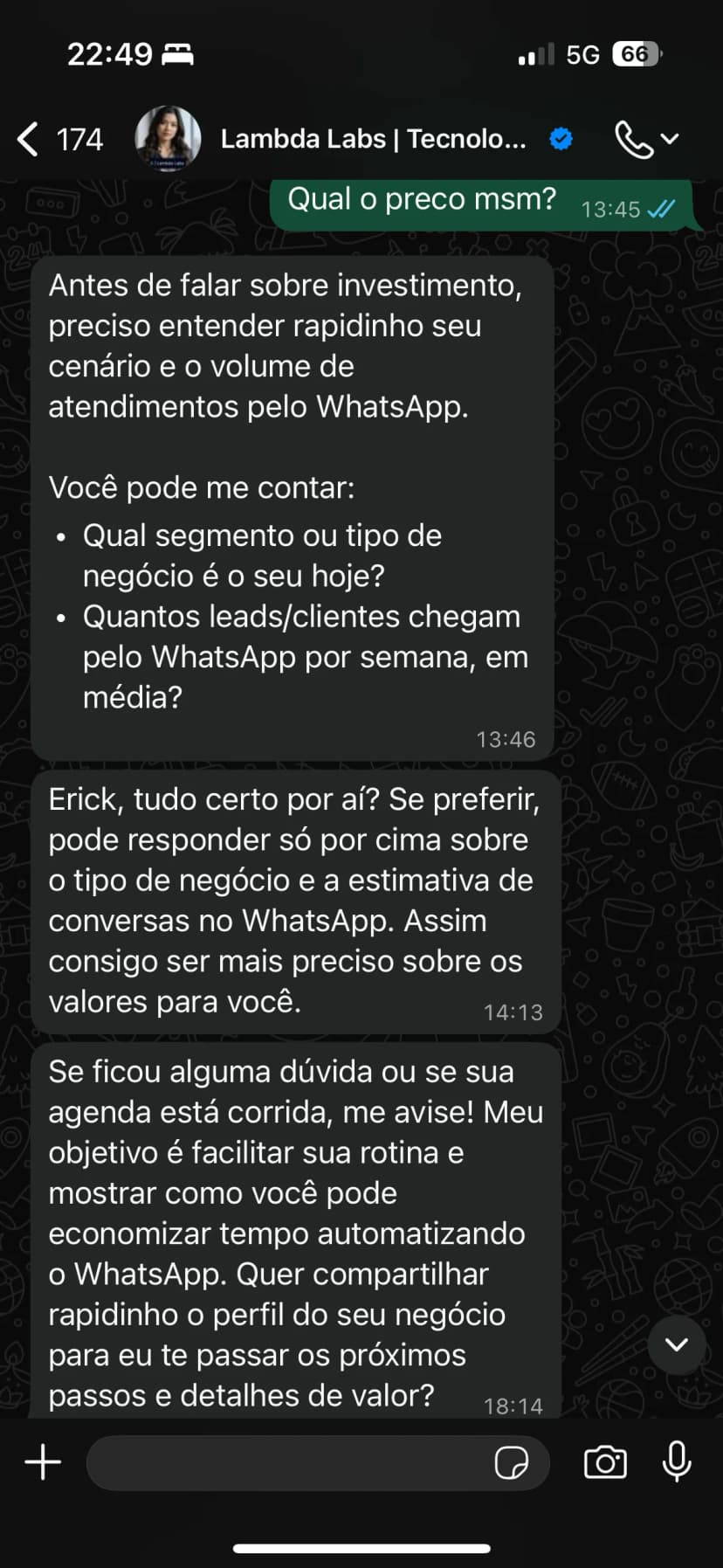 Sequência de follow-up da IA da Lambda Labs com mensagens às 13:46, 14:13 e 18:14.