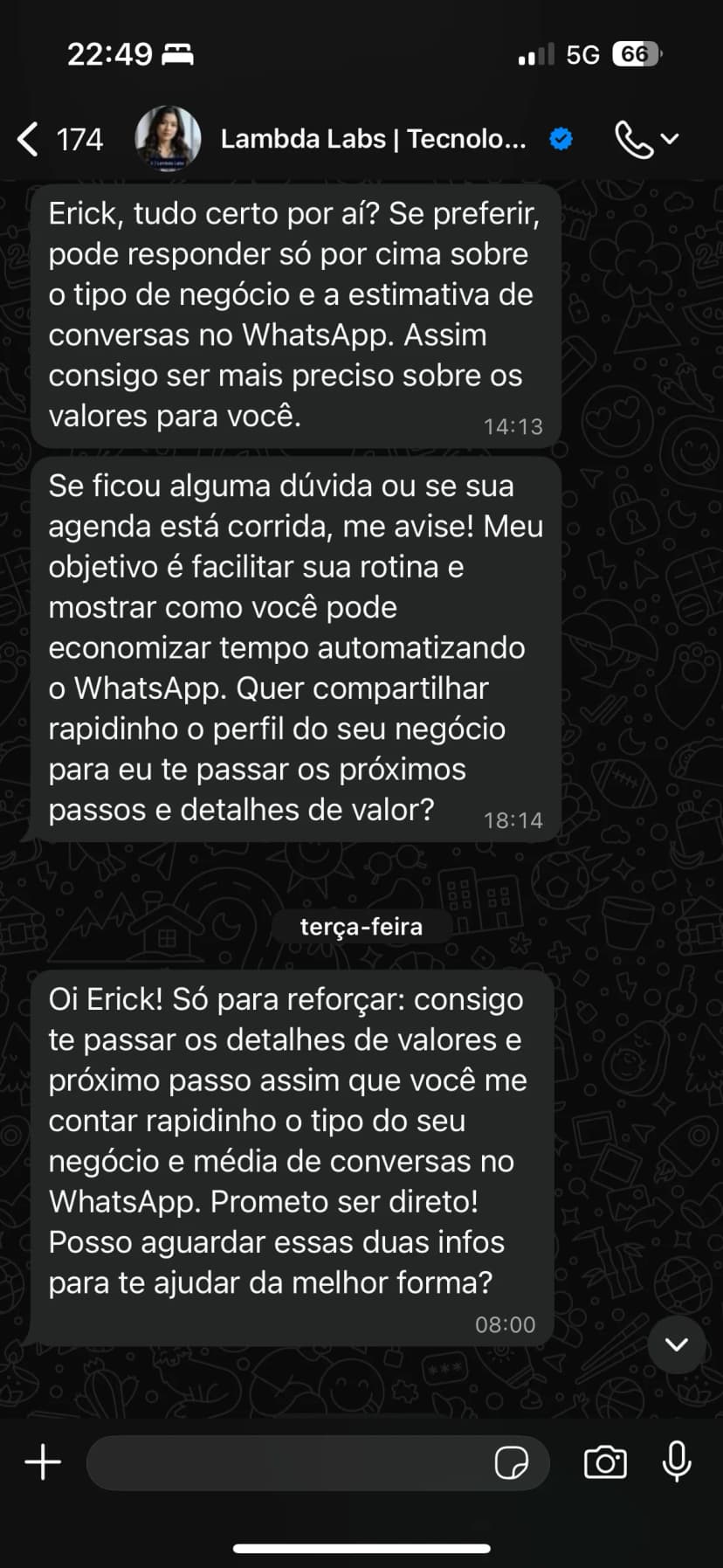 Retomada da IA da Lambda Labs no dia seguinte às 08:00 com pedido objetivo de informações.