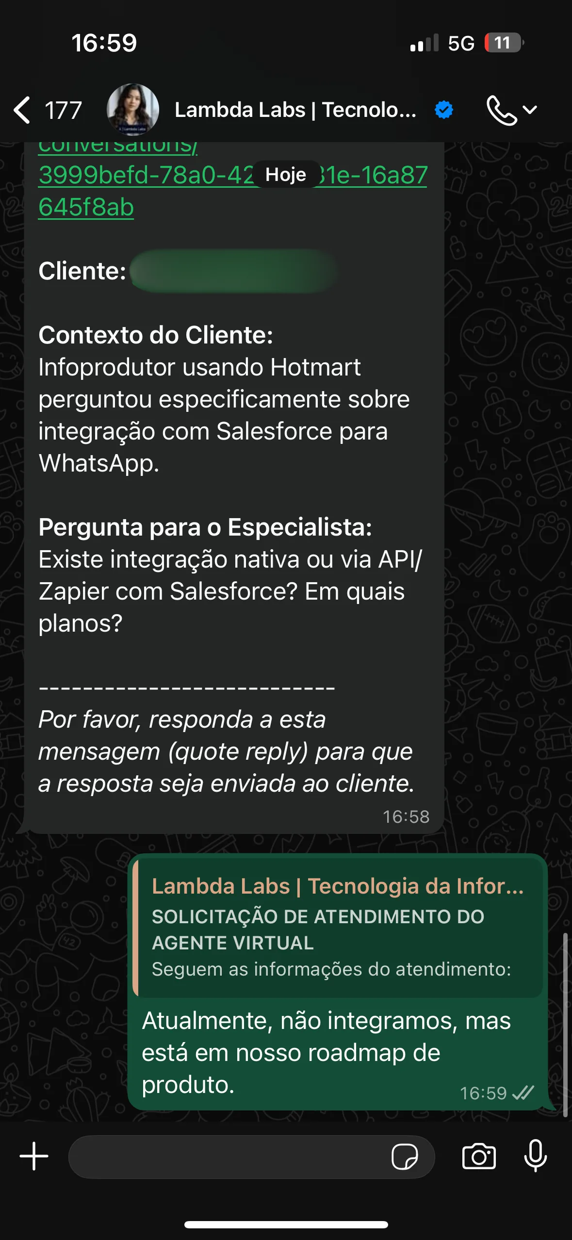 IA encaminha a dúvida para especialista humano com contexto da conversa