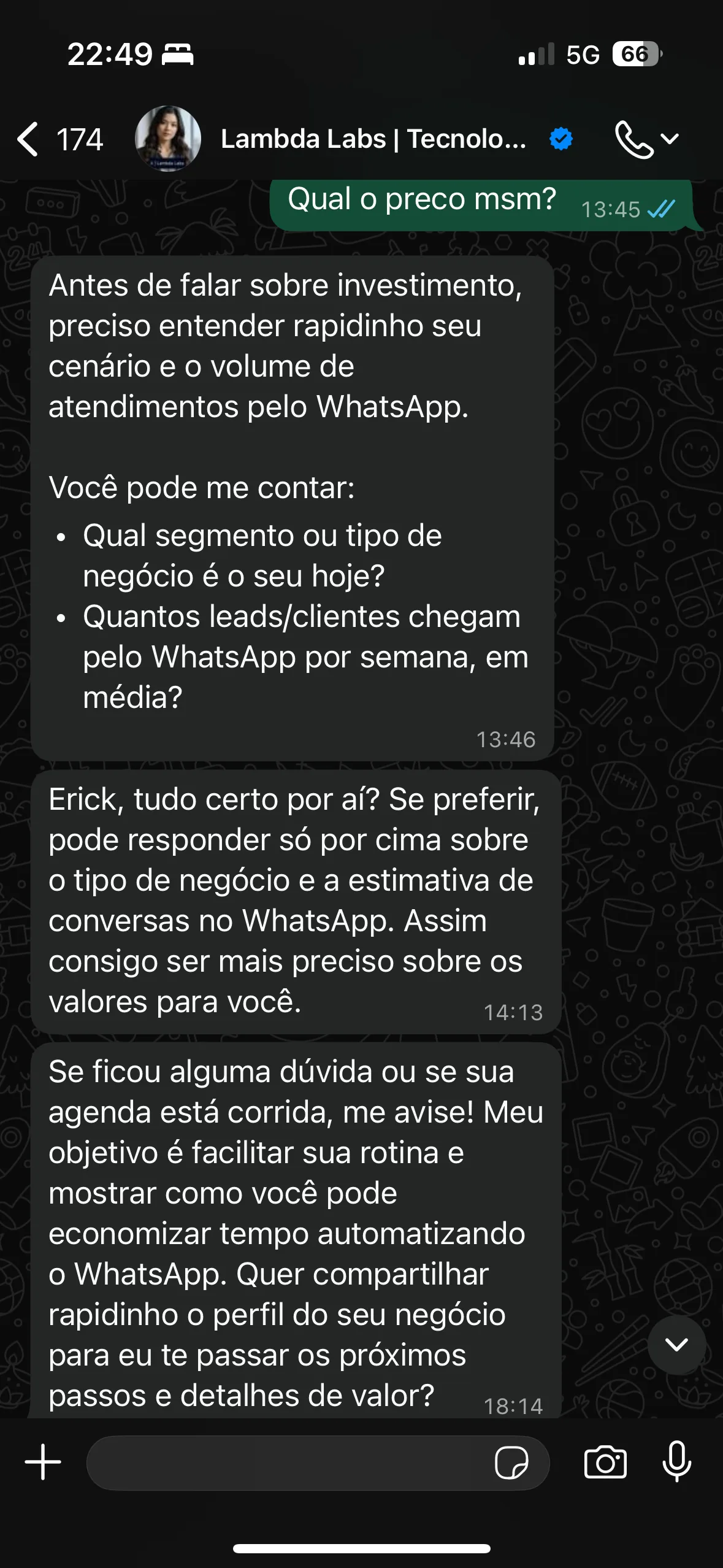 Follow-up da Lambda Labs: mensagens contextuais às 13:46, 14:13 e 18:14